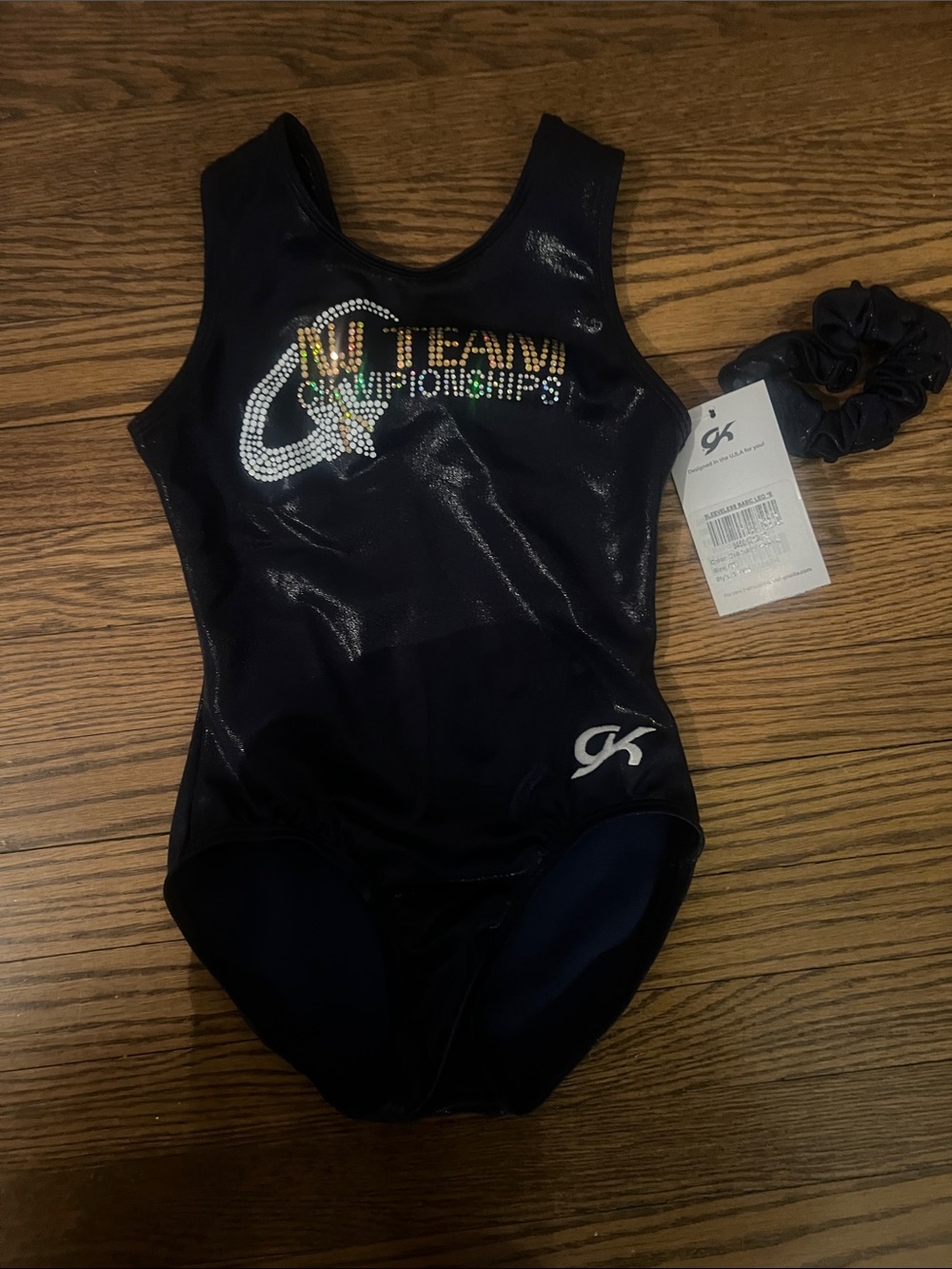 GK Navy Blue Girls Gymnastics Leotard with Rhinestone 'NJ Team Championships'